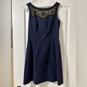 Elegant Navy Blue Dress with Black Lace Detail